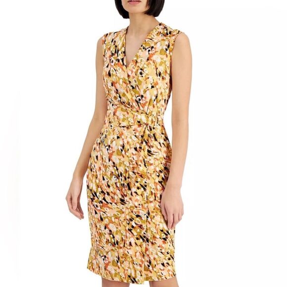 Kasper abstract print gold ring side gather sheath dress size 14 - Picture 1 of 9